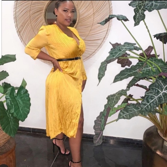 Zara Mustard Wrinkle Look Dress NWT - Picture 4 of 16